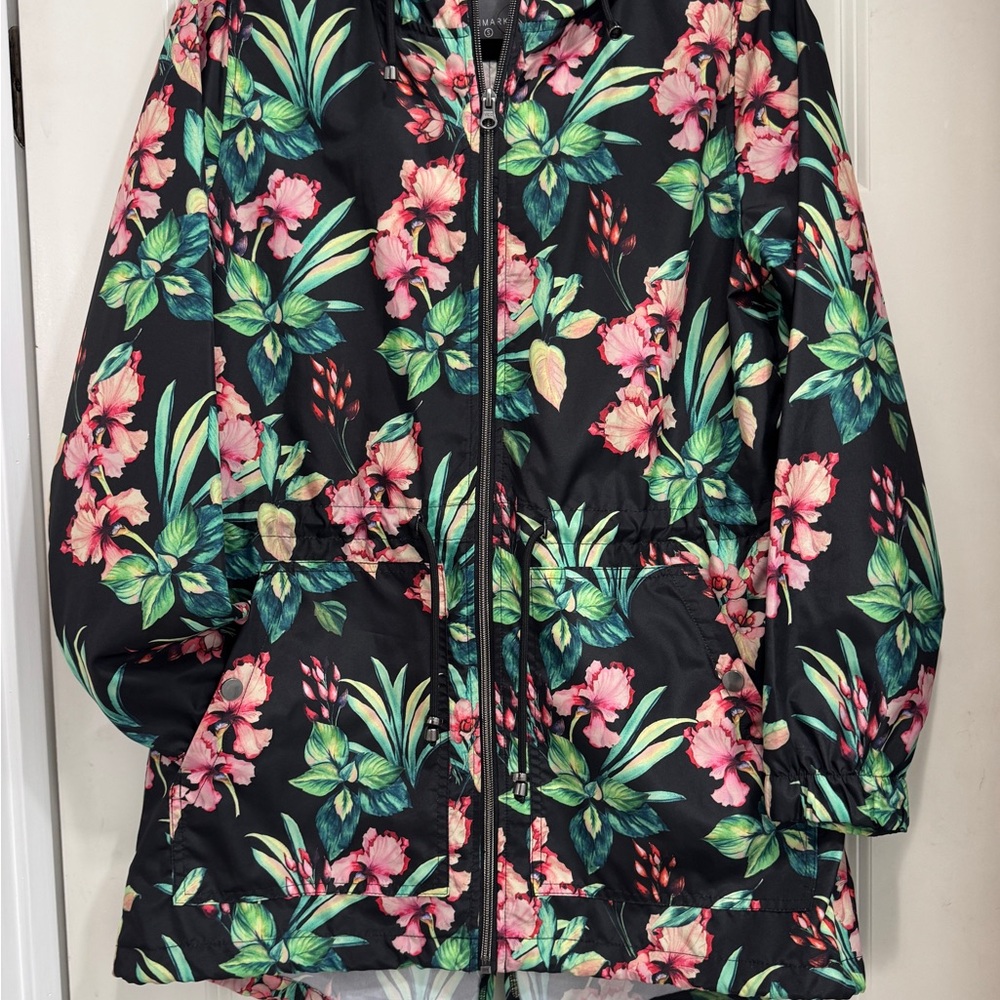 Primark Raincoat/windbreaker Black Pink & Green Floral Print; size S, adjustable